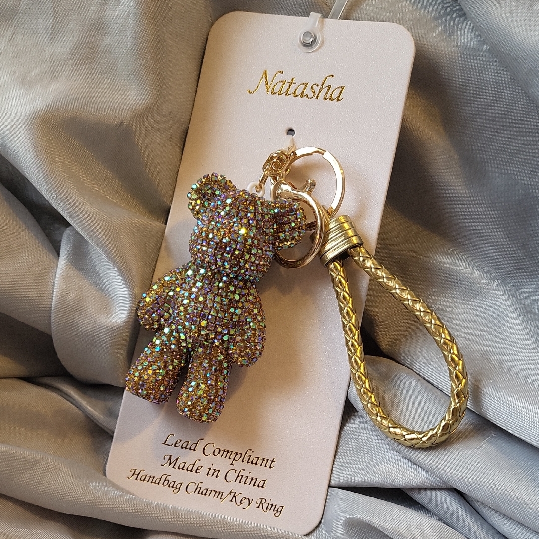 Natasha Gold Crystal Teddy Bear Keychain Bag Charm Wristlet Brand New Rt Lp M